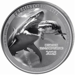 Kolorowana moneta srebrna Congo Prehistoric Life Megalodon 1 oz 2025 – rewers w kapslu ochronnym
