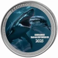 Congo Prehistoric Life Megalodon 2025 – kolorowana moneta 1 oz srebra, awers z herbem DR Konga
