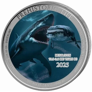 Życie Prehistoryczne - Prechistoric Life - Megalodon 1 uncja Srebra Kongo2025 kolorowany