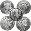 monety srebrne 1 uncja z serii Big Five II Lew Nosorożec Leopard Słoń i Bizon (Bawół)