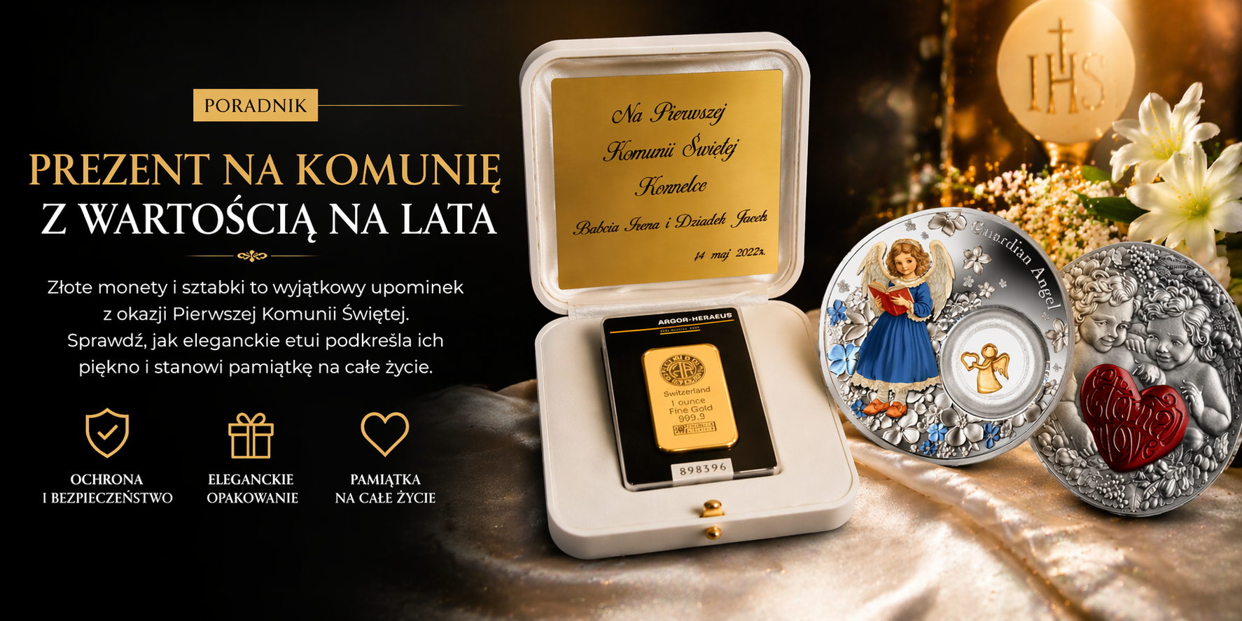 prezent na komunię złoto etui moneta sztabka mennica europejska"